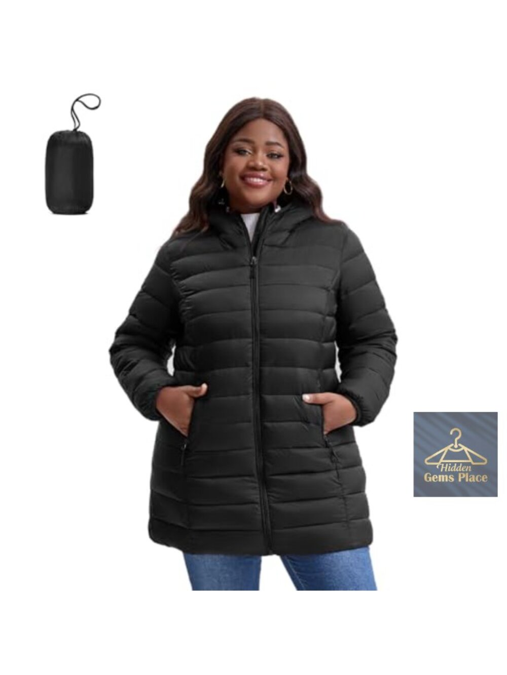 Plus Size Lightweight Packable Hooded Mid-Length Puffer Winter Coat